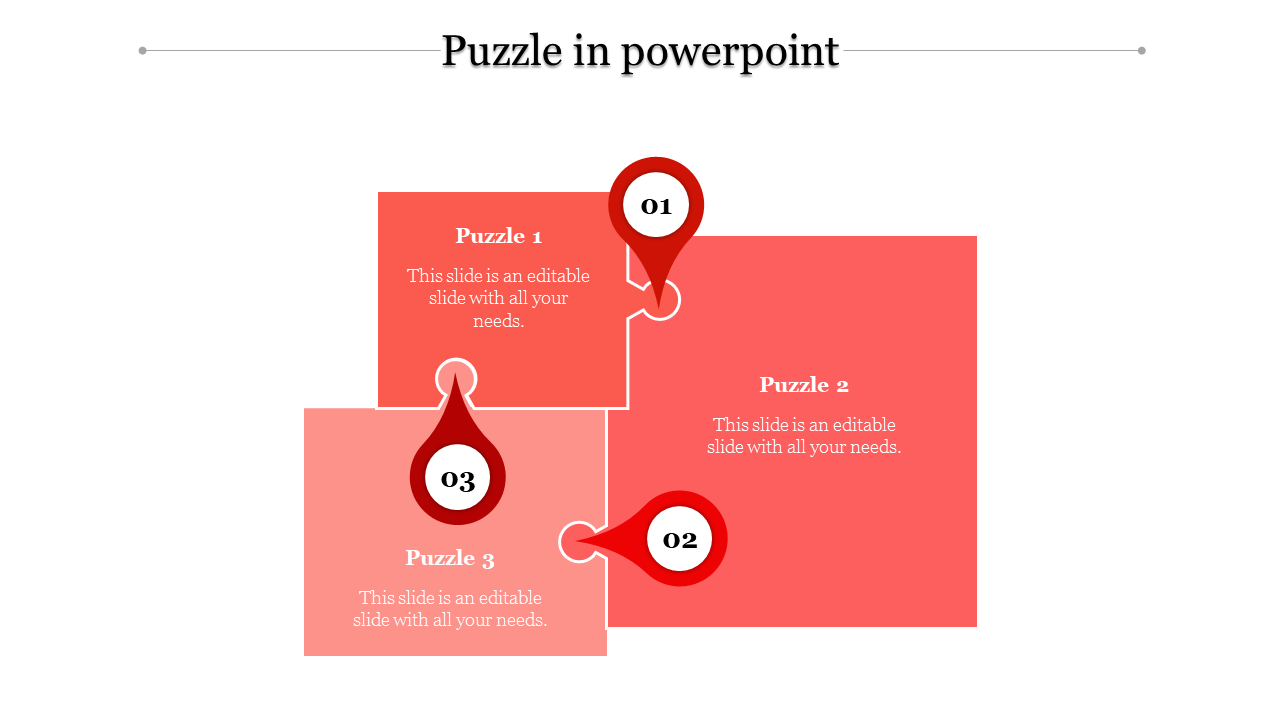 PowerPoint template featuring three red puzzle pieces labeled each with a corresponding number and placeholder text.
