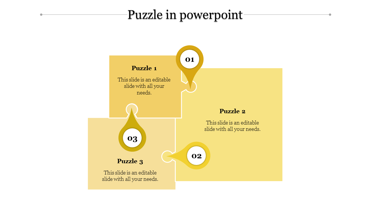 Interlinked three yellow puzzle pieces with numbered drop pins and text areas, designed on a minimalist white background.