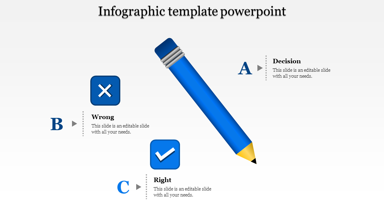 Infographic PPT slide design with a blue pencil, and three sections with check and cross symbols and placeholder text.