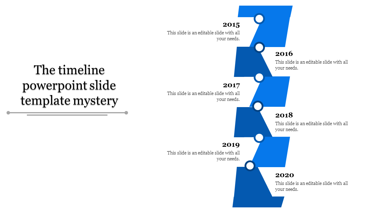 Blue vertical timeline with staggered blocks, circular markers, and labeled years from 2015 to 2020 on a white background.