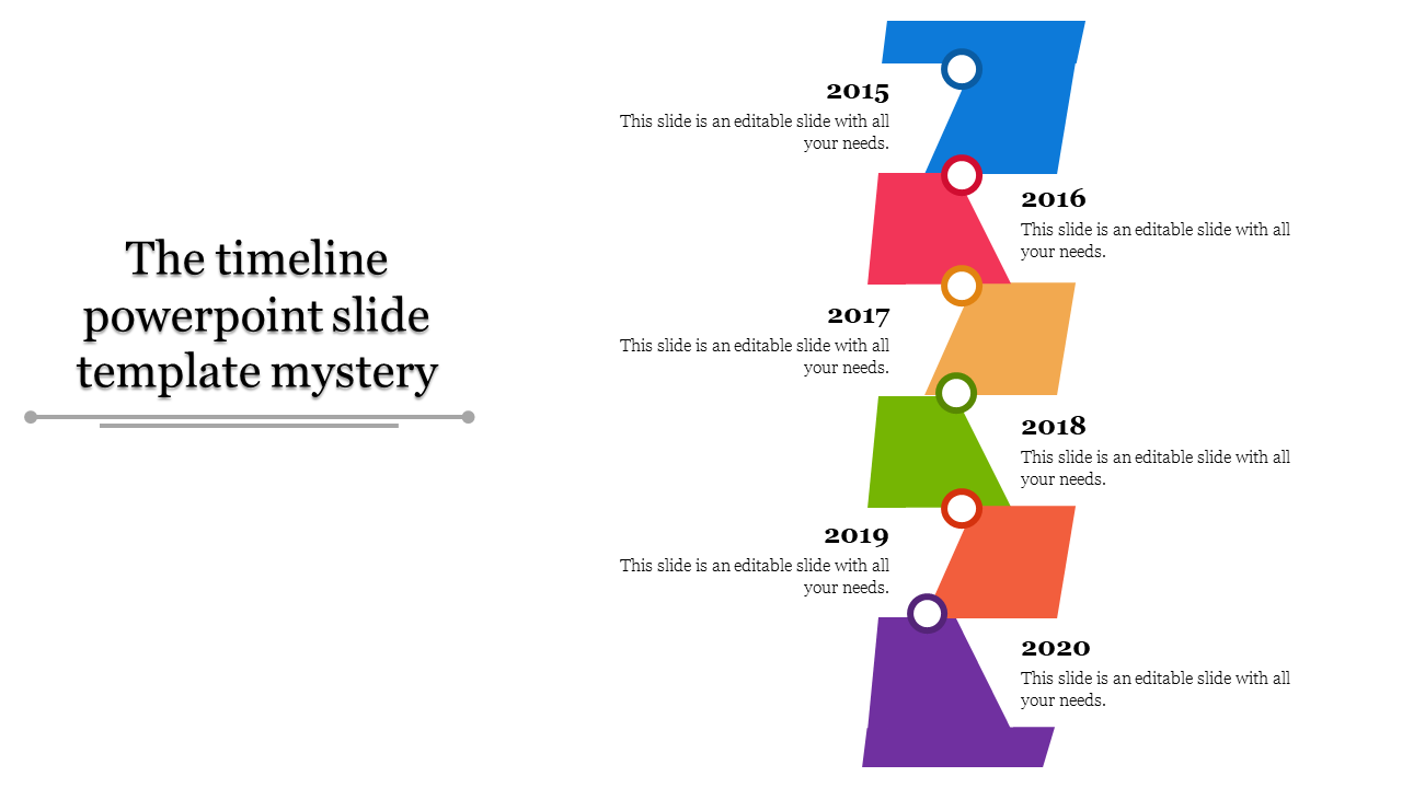 Multi colored staggered timeline with circular markers showing events from 2015 to 2020 placed in a white background.