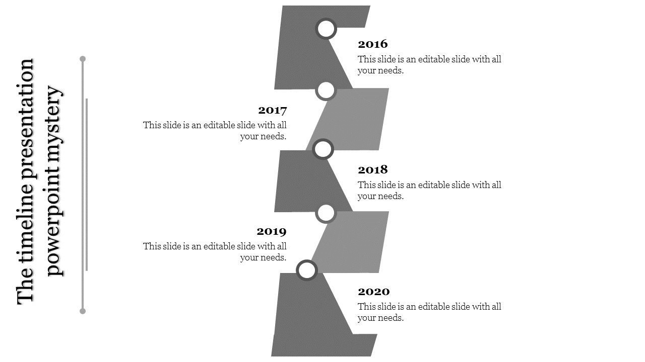 Gray vertical timeline with staggered blocks, feauring circular markers and labeled years 2016 to 2020 on a white background.