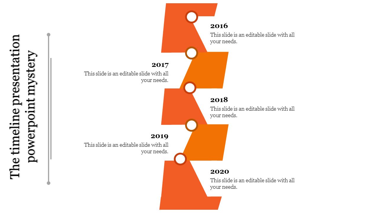 Orange timeline PowerPoint template with years 2016 to 2020, each year represented by a triangular block and circle.