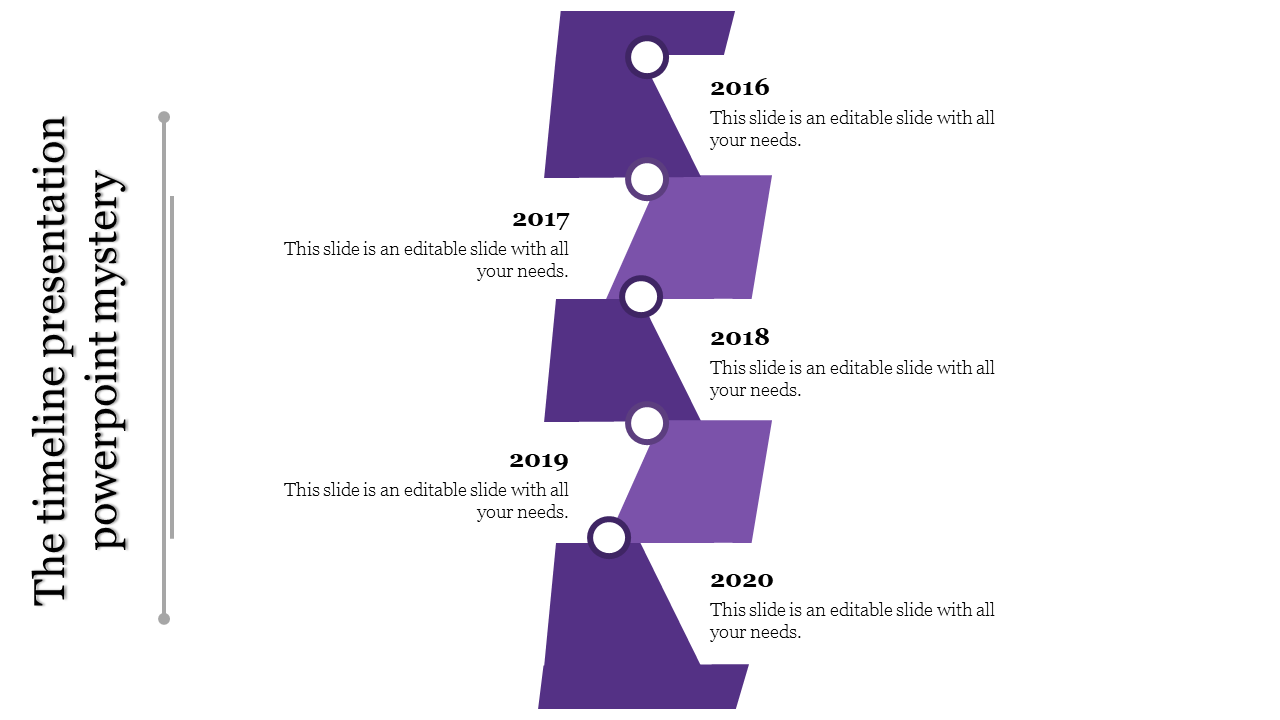 Staggered purple timeline with circular markers and years labeled from 2016 to 2020, paired with text placeholders.