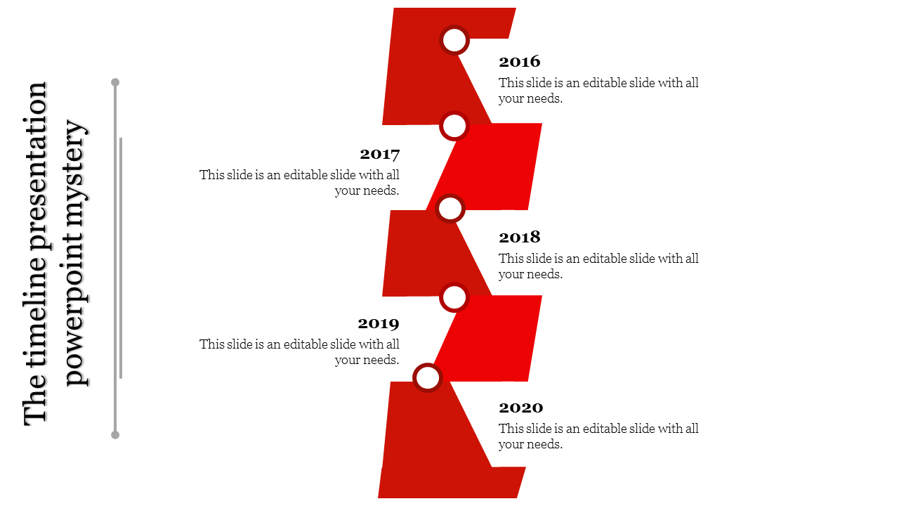 Red timeline PowerPoint slide with years 2016 to 2020, each marked with a circle and placeholder text.