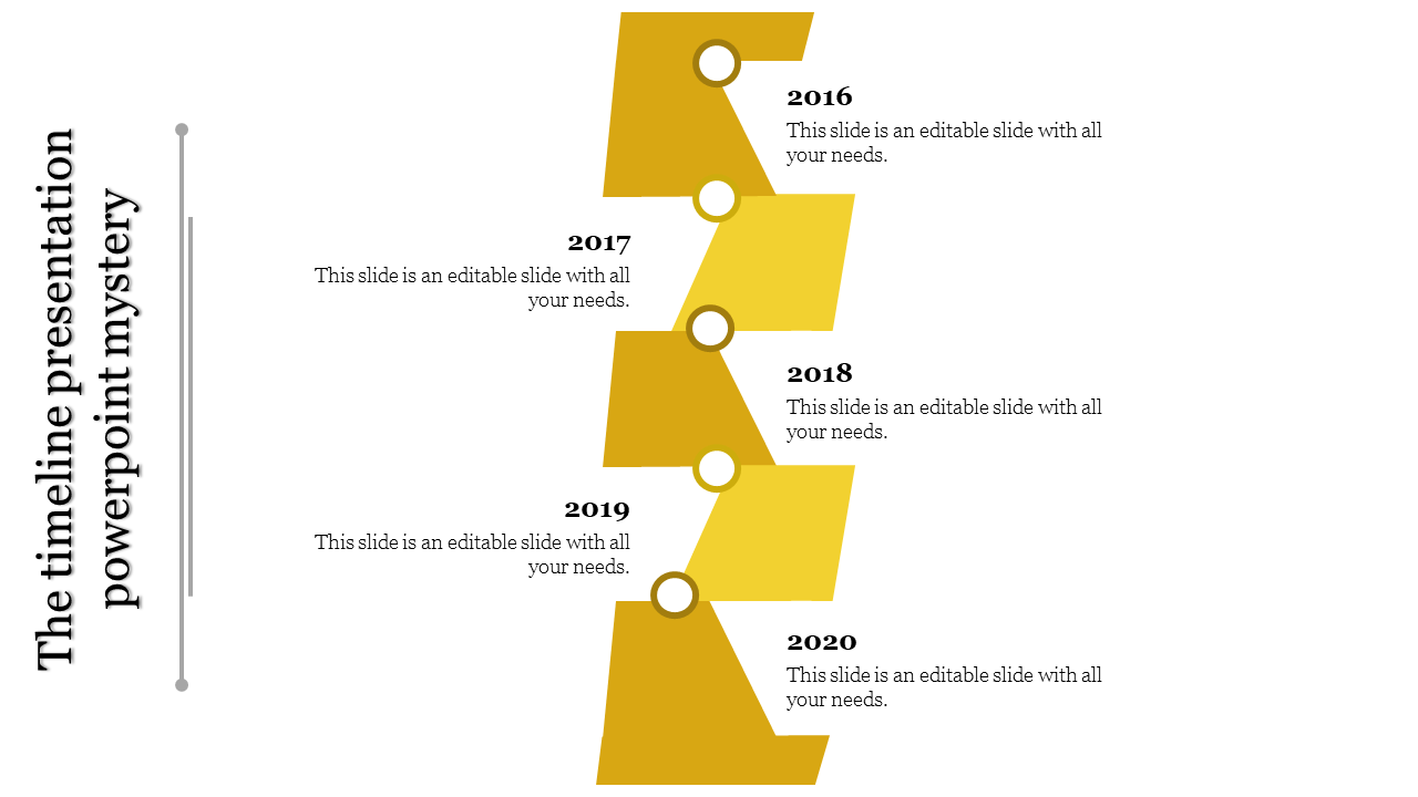 Vertical layout with yellow blocks, featuring circular markers and years 2016 to 2020, paired with descriptions.