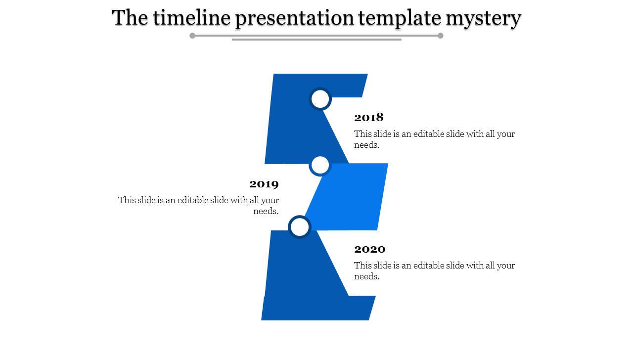 Timeline PowerPoint template with blue steps for the years 2018 to 2020, each containing placeholder text.