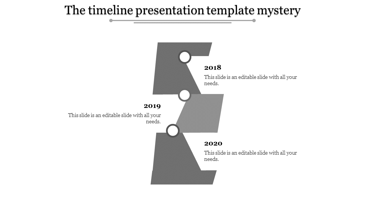 Timeline featuring staggered gray blocks with circular connectors, and years 2018 to 2020 aligned vertically with text.