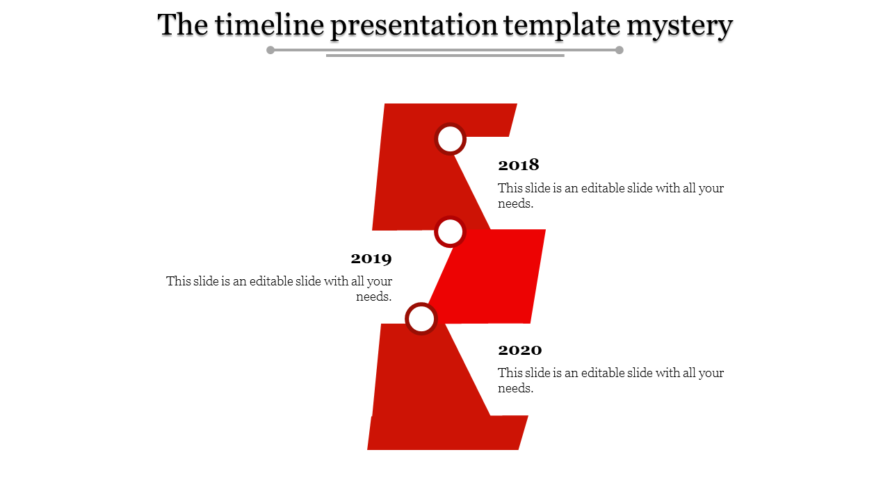 Red timeline with staggered blocks for years 2018, 2019, and 2020 each with placeholder text areas.