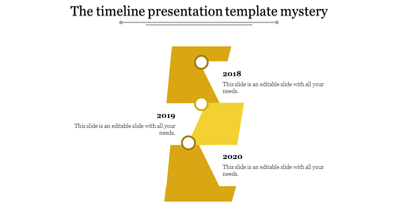Timeline PowerPoint template with yellow steps for the years 2018 to 2020, each containing placeholder text.