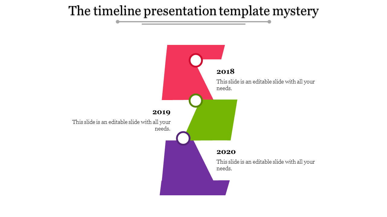 Colorful timeline template with red, green, and purple blocks for 2018 to 2020 each with caption areas.