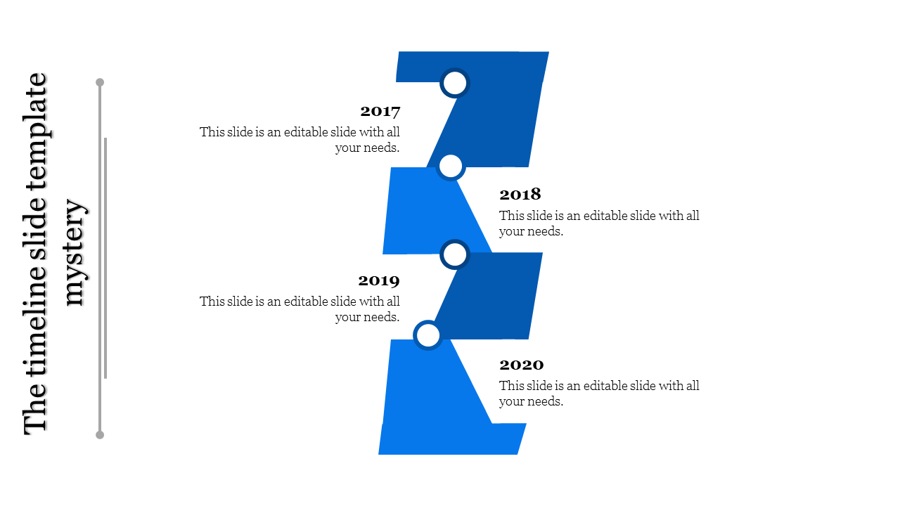 Timeline with interconnected blue segments for years 2017 to 2020 placed in a white background.