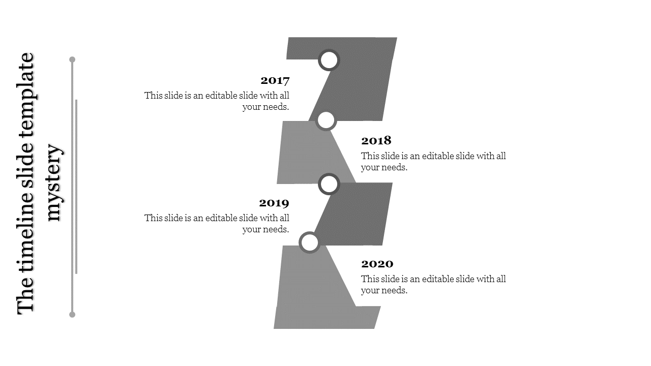Timeline PPT slide with grey segments, each representing a different year from 2017 to 2020 with placeholder text.