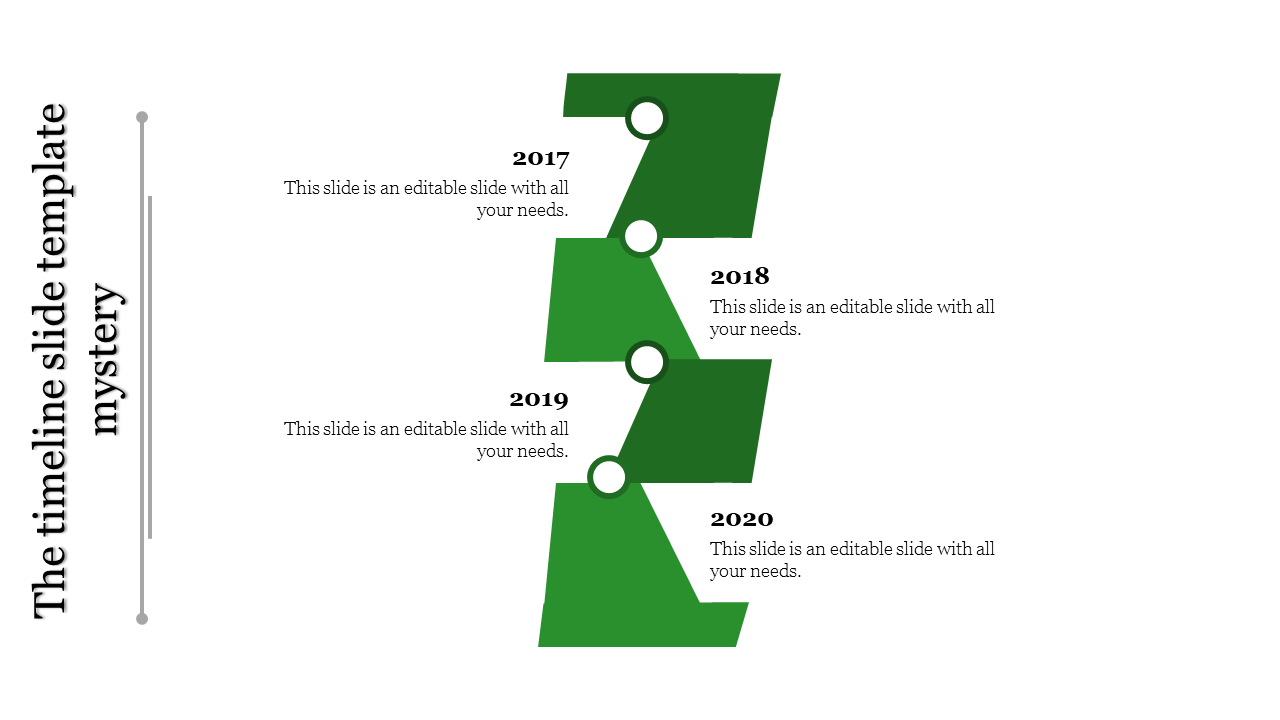 Vertical green timeline with staggered blocks, featuring circular markers and labeled years 2017 to 2020 on a white backdrop.