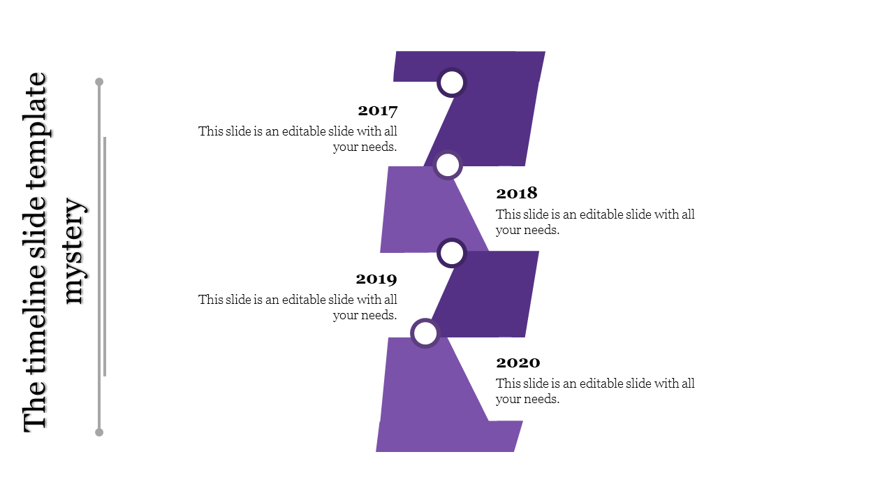 Timeline PPT slide with purple segments, each representing a different year from 2017 to 2020 with placeholder text.