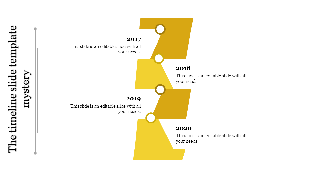 Vertical timeline with yellow zigzag segments marking years 2017 to 2020 placed in white background.