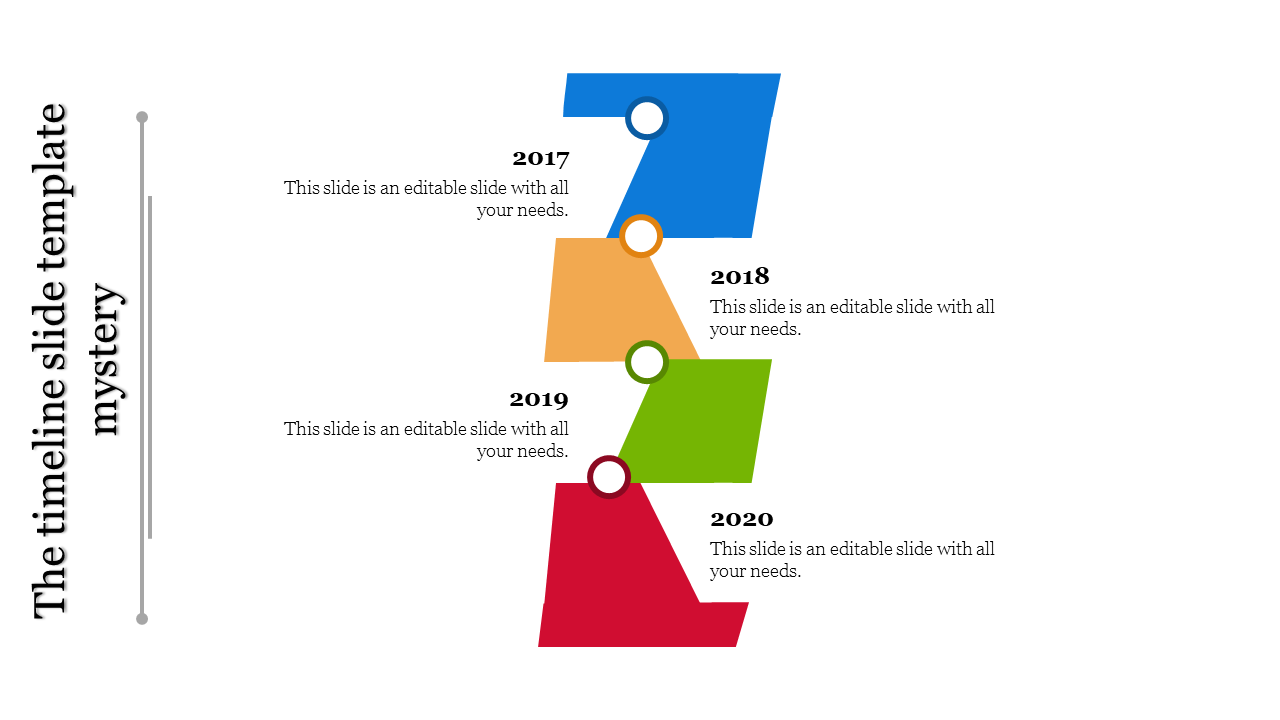 Timeline PowerPoint template featuring years 2017 to 2020 with distinct colorful sections and placeholder text.