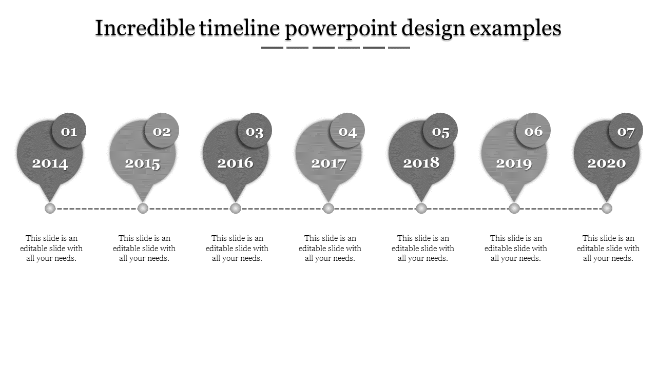 Timeline PowerPoint template with seven grey milestone markers from 2014 to 2020, featuring placeholder text.