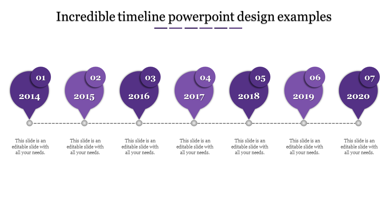 Timeline PowerPoint template with seven purple milestone markers from 2014 to 2020, featuring placeholder text.