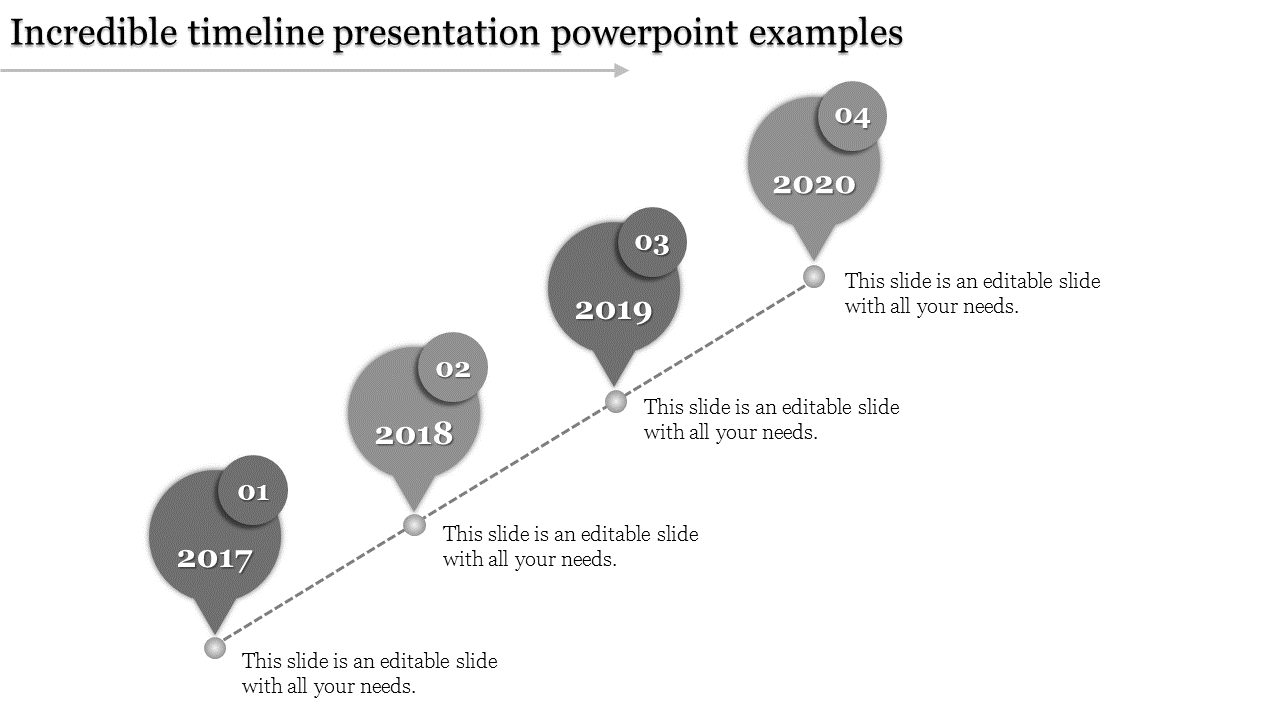 PowerPoint timeline slide featuring years 2017 to 2020 in gray bubble shapes, with captions for each year.