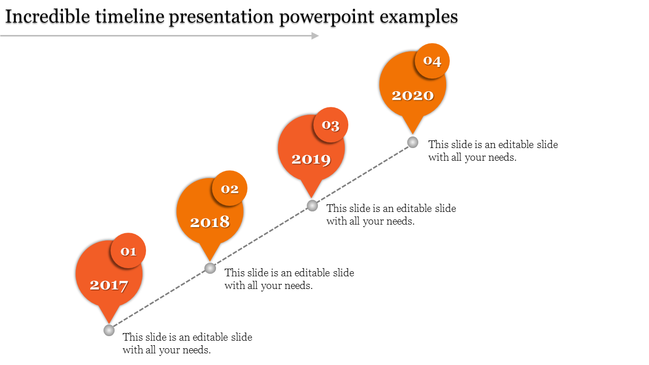 Four step timeline with orange balloons and captions labeled 2017 to 2020 along an ascending dotted path.