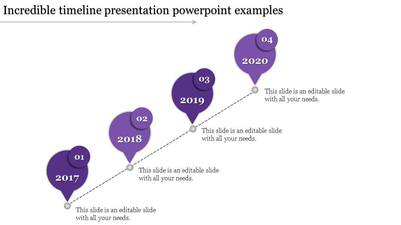 PowerPoint slide with a timeline featuring the years 2017 to 2020, each in a purple circle with accompanying text.