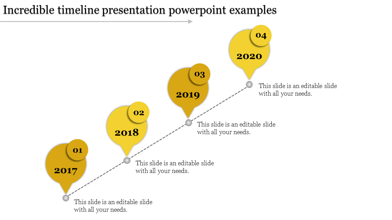 Diagonal timeline with yellow circular markers for years 2017 to 2020 connected by a dotted line in white backdrop.