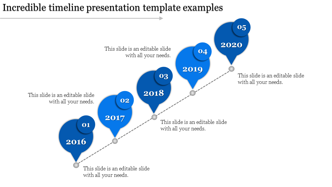 Timeline PowerPoint template with blue circular milestones from 2016 to 2020 with placeholder text.