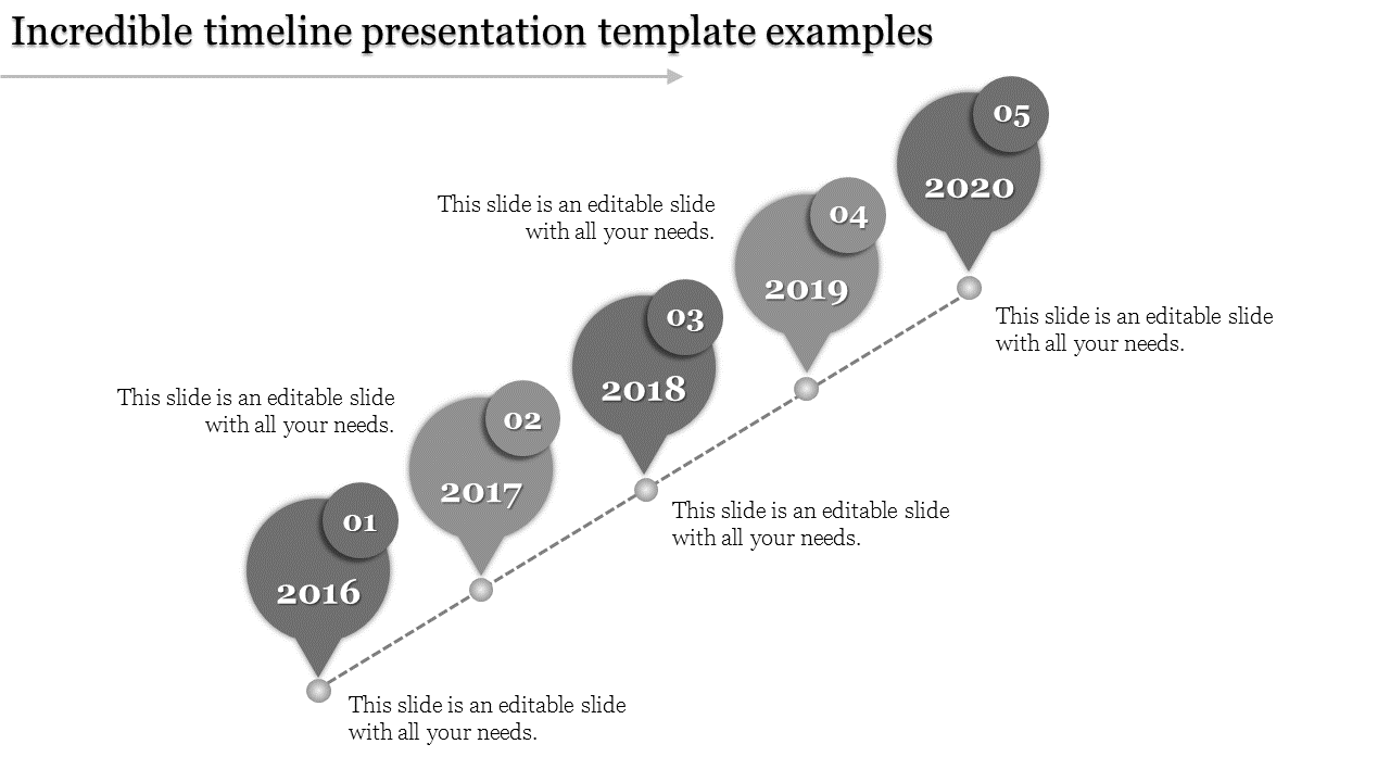Gray themed timeline infographic with five balloon shaped markers labeled 2016 to 2020, aligned diagonally with text.