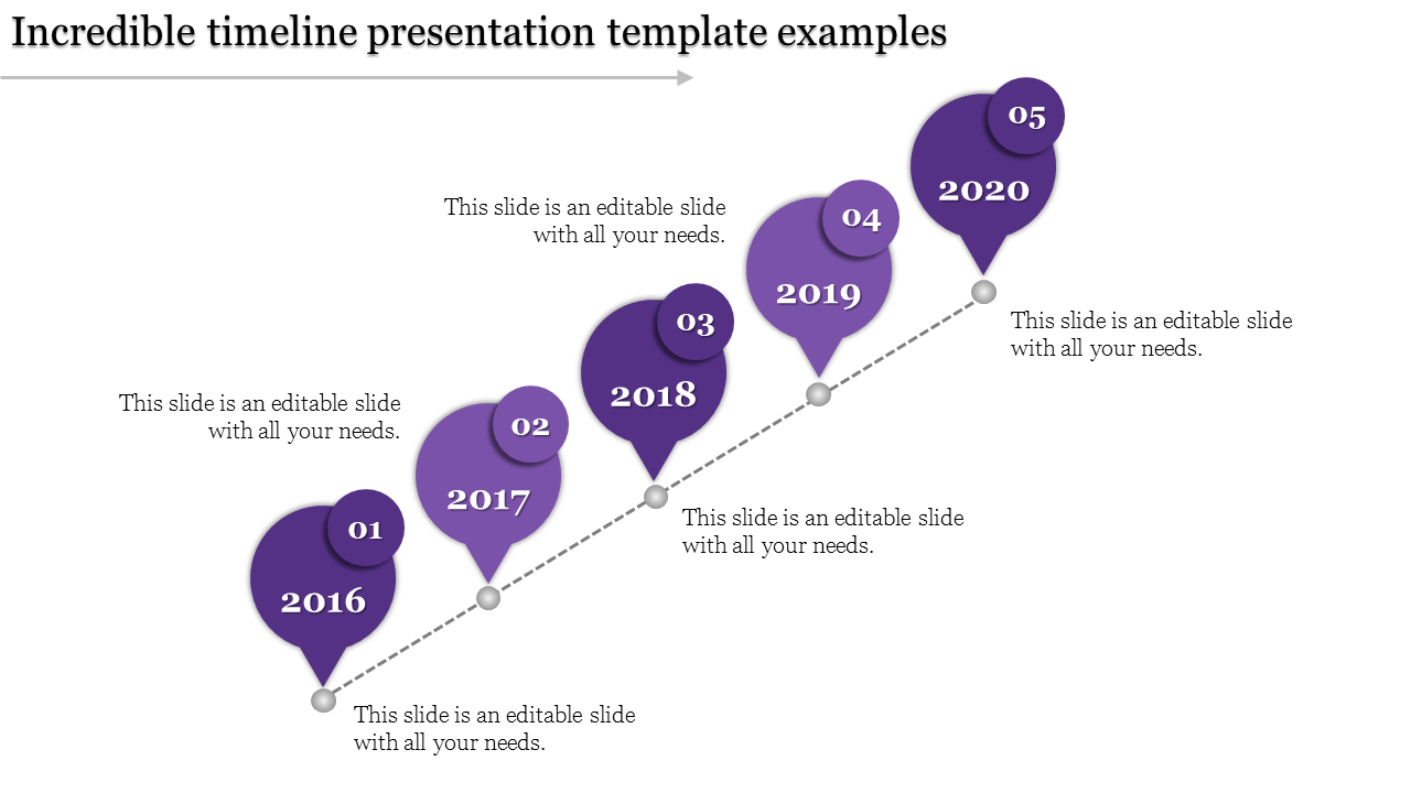Timeline PowerPoint template with purple bubbles for each year from 2016 to 2020 with placeholder text.