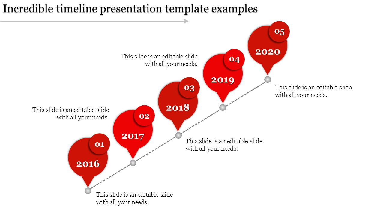 Timeline slide with year markers from 2016 to 2020 in red bubbles connected by a dotted diagonal line.