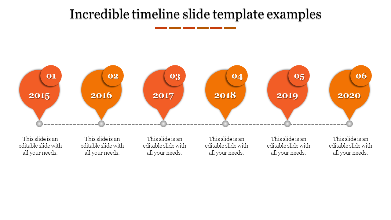 Timeline PPT slide with six milestones from 2015 to 2020, displayed in orange bubble markers connected by a dashed line.