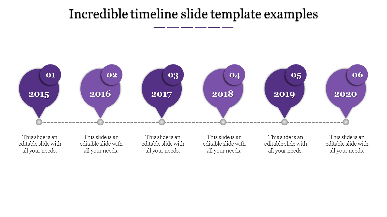 Timeline in purple with circular and pointed markers representing six milestones from 2015 to 2020.