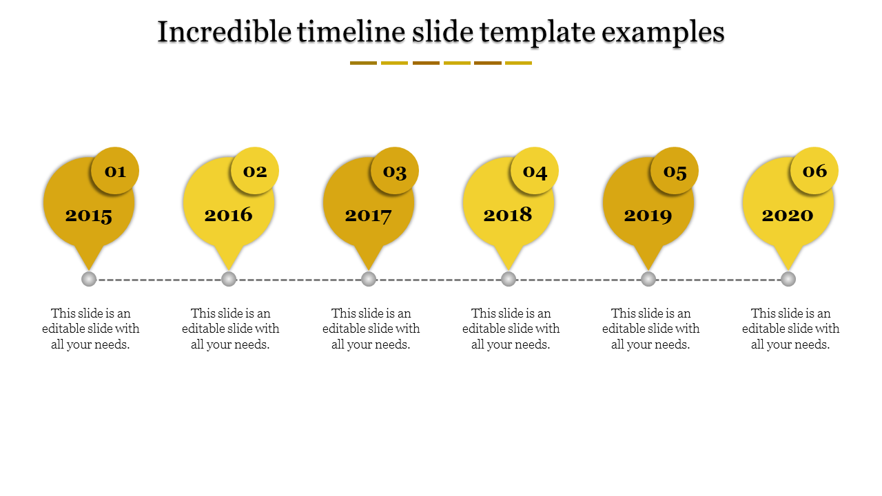 Timeline PPT slide with six milestones from 2015 to 2020, displayed in yellow bubble markers connected by a dashed line.