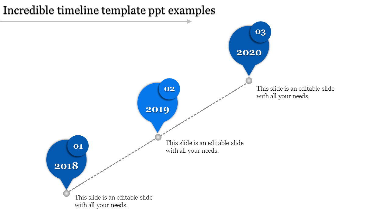 Blue circular balloons connected by a dotted diagonal line, showcasing a timeline from 2018 to 2020.