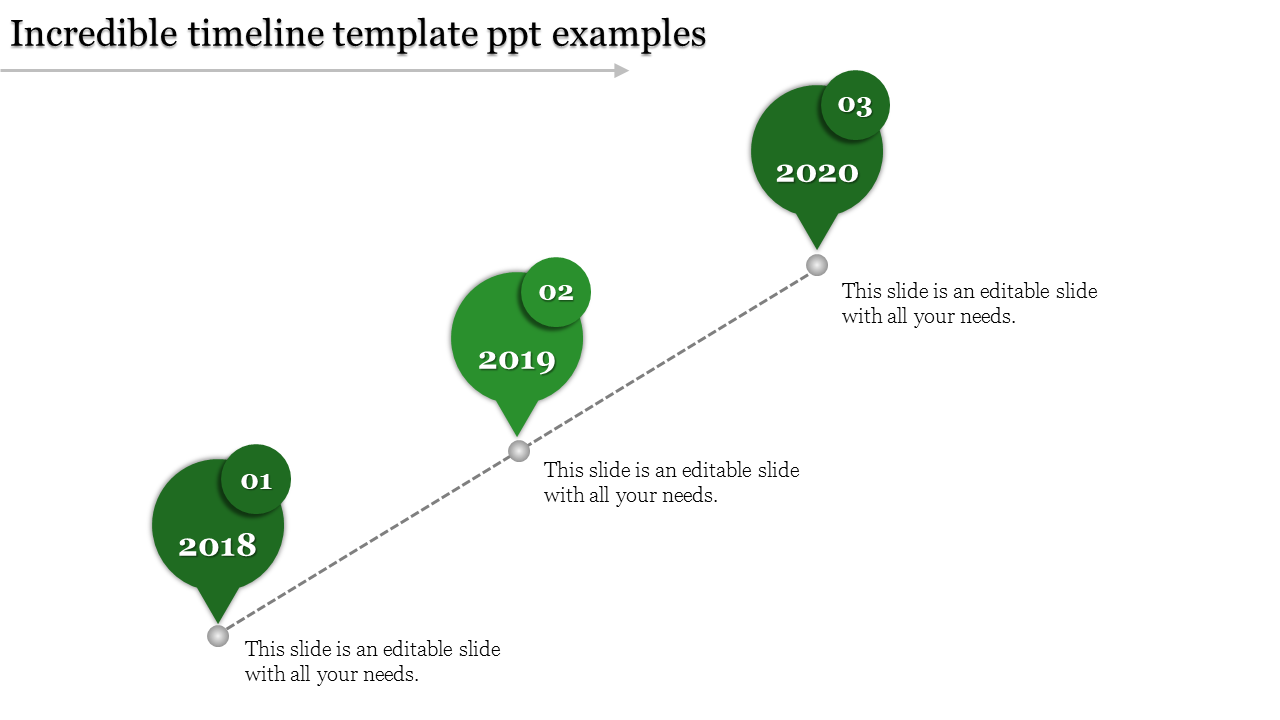 Diagonal timeline with green milestone balloons for 2018, 2019, and 2020 linked by a dashed path on a white background.