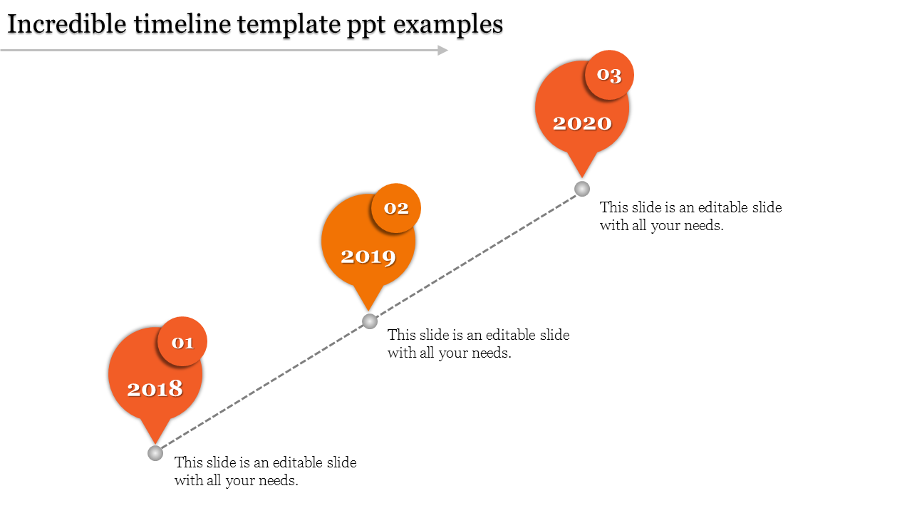 Timeline PowerPoint template with orange bubbles marking years 2018, 2019, and 2020 connected by a dashed line.