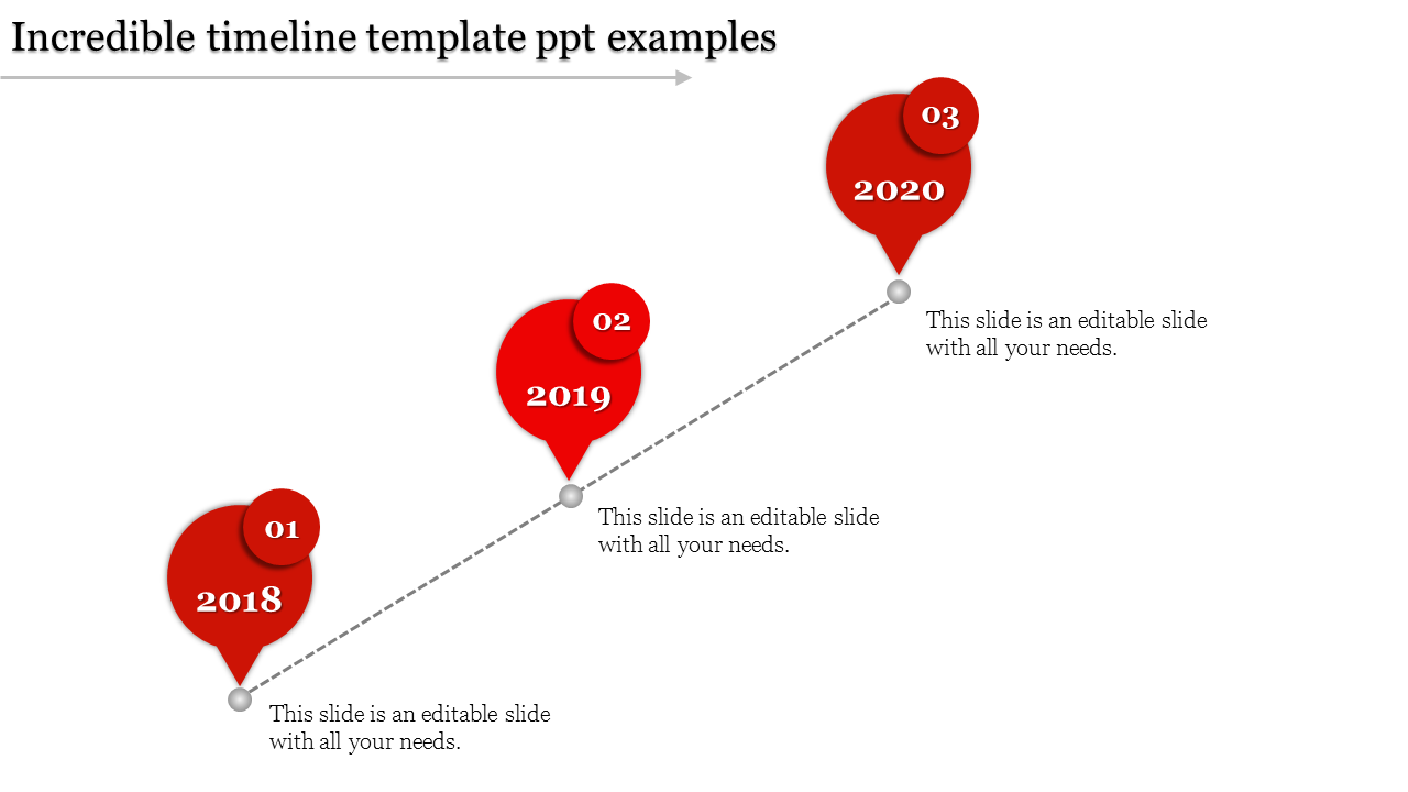 Red timeline markers, captions in ascending order for 2018, 2019, and 2020 connected by a dotted line.