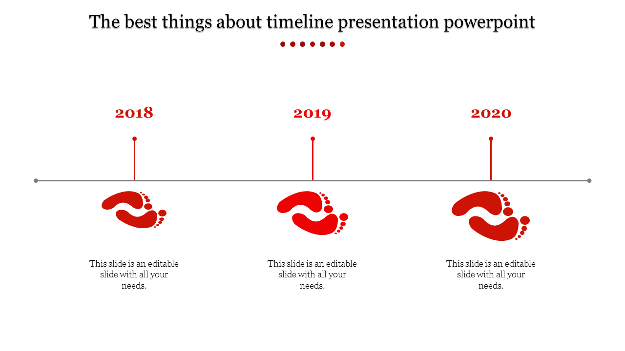 Simple red timeline design showing yearly milestones with footprints representing stages of progress.