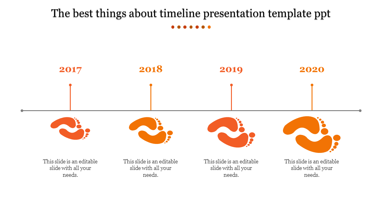 Timeline design showing orange footprints and captions under year markers from 2017 to 2020, connected by a horizontal line.