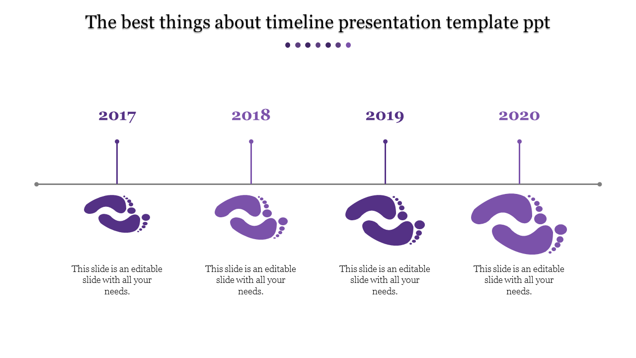 Purple footprint timeline showing years 2017 to 2020 with captions areas placed in a white background.