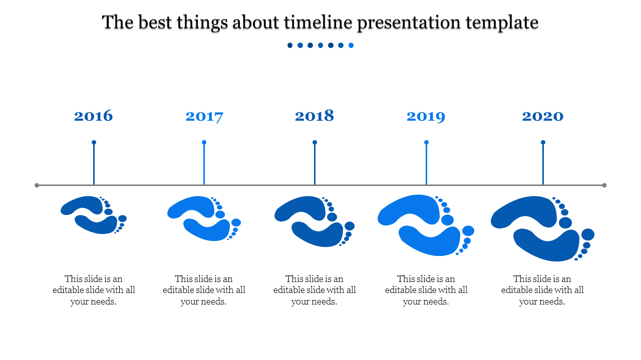 Blue footstep themed timeline presentation slide from 2016 to 2020 with caption sections.