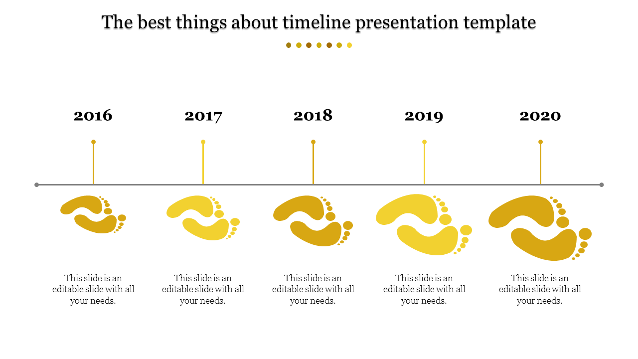 Timeline PowerPoint template with yellow footstep markers for the years 2016 to 2020 and captions.