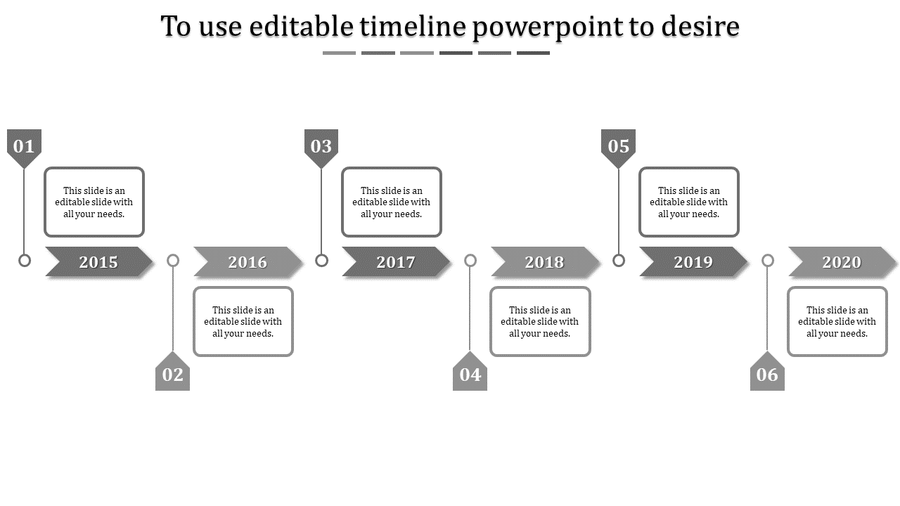 Gray hexagonal timeline with milestones for 2015 to 2020, arranged in a zigzag layout with connecting dots.