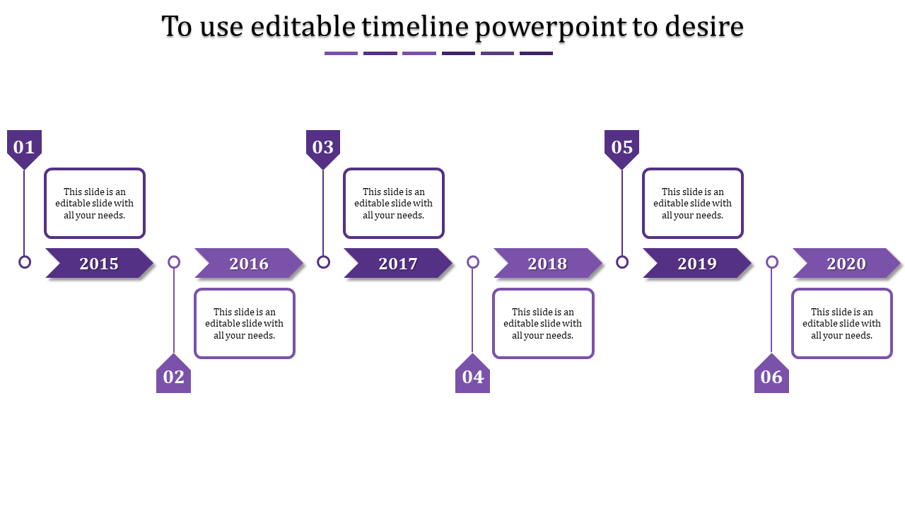 Monochrome purple timeline with numbered hexagons, caption areas and arrow labels for years 2015 to 2020.