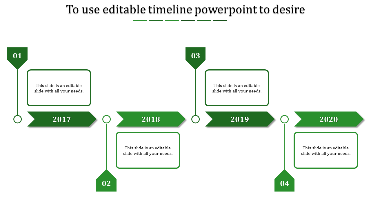 Timeline PowerPoint template featuring green arrows for each year from 2017 to 2020 with caption boxes.