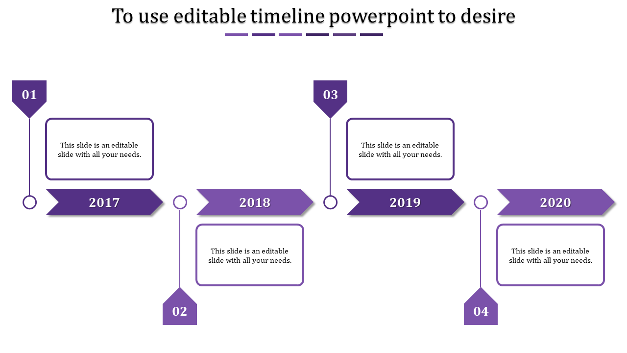 Purple timeline infographic with arrow-shaped year labels from 2017 to 2020 and numbered markers.