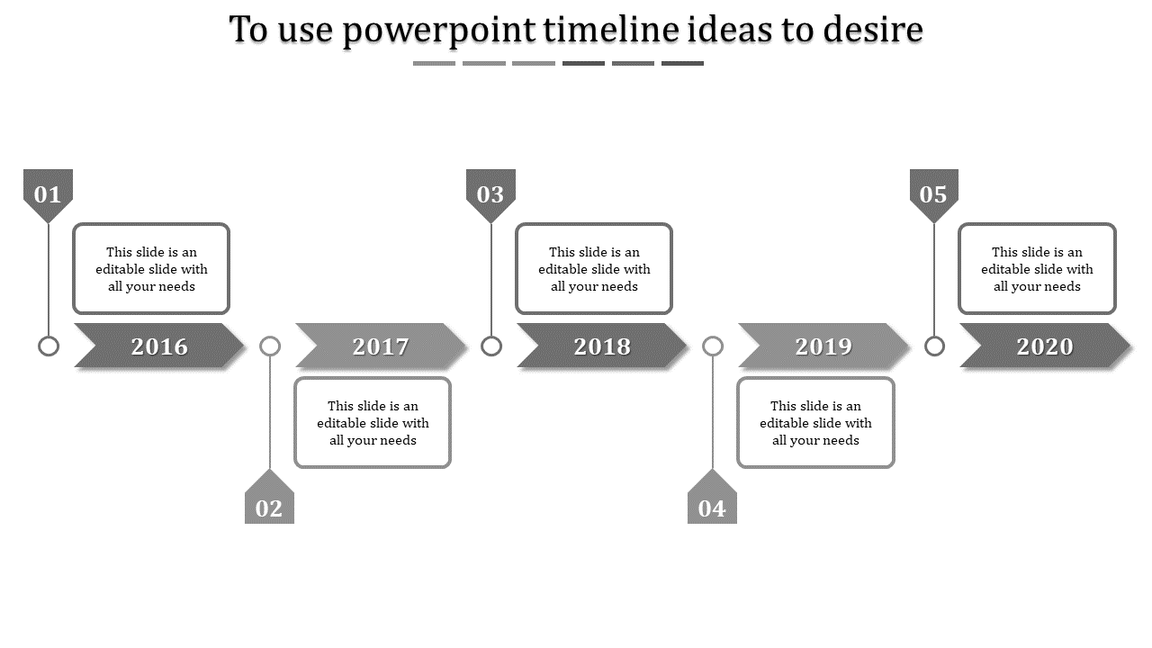 Gray timeline infographic with arrow shaped year labels from 2016 to 2020 and numbered markers in white backdrop.