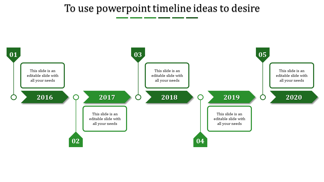 PowerPoint timeline template from 2016 to 2020, featuring year labels with green arrow markers with placeholder text.