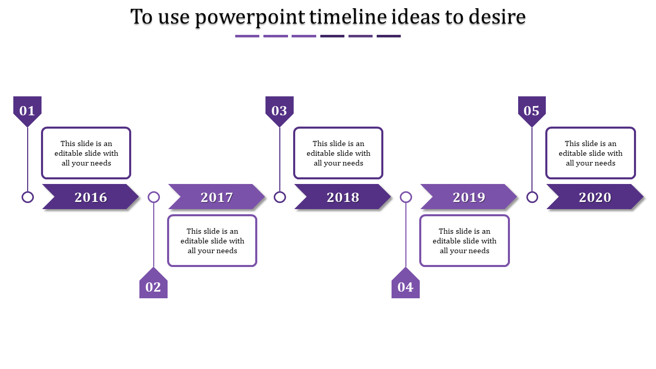 Purple timeline infographic with arrow shaped year labels from 2016 to 2020 and numbered markers with caption areas.